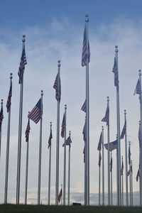 Low angle view of flags against sky