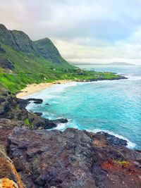 Scenic view of sea against cloudy sky