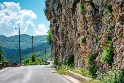 Road amidst trees and plants against sky