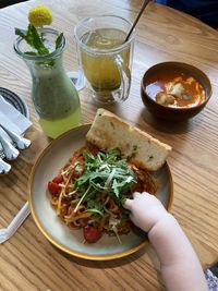 High angle view of food served on table