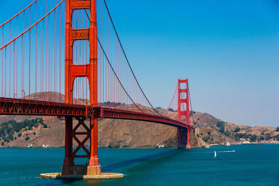 Sailing a little sail under the famous golden gate bridge - san francisco bay, california, usa