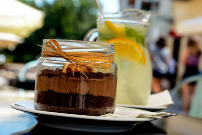 Close-up of cake served on table