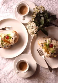 High angle view of breakfast served on table