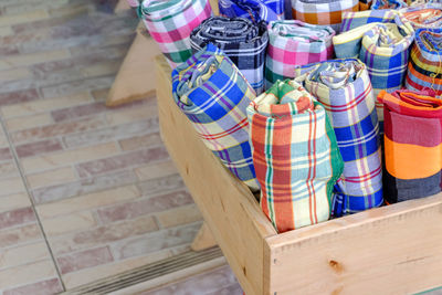 High angle view of candies on table