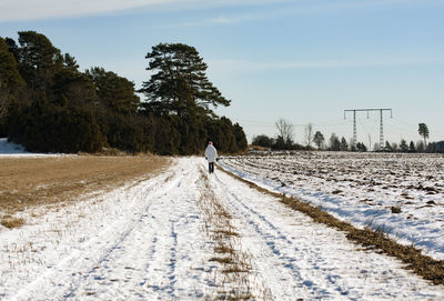 Rear view of person walking on snow covered landscape during winter