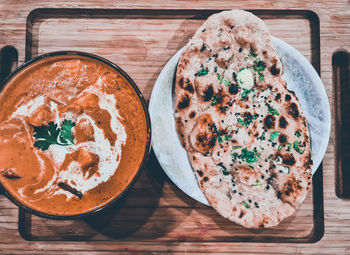 High angle view of pizza on table