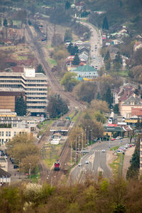 High angle view of street amidst buildings in city