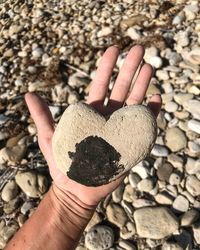 High angle view of hand holding pebbles