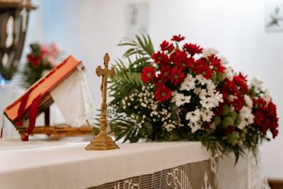 Flower vase on table at church 
