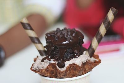 Close-up of dessert served on table