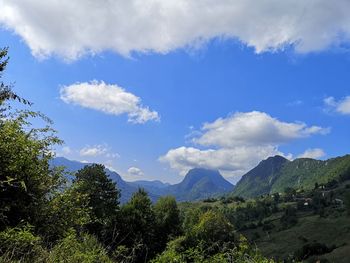 Scenic view of trees and mountains against blue sky