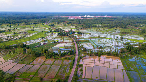 High angle view of agricultural field against sky