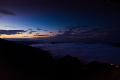 Scenic view of silhouette mountains against sky during sunset