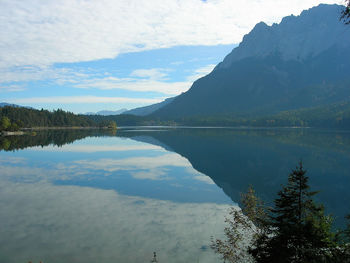 Scenic view of lake and mountains against sky