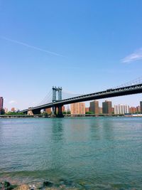 View of suspension bridge over river