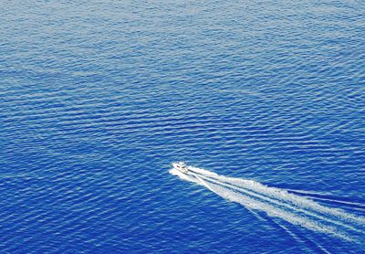 High angle view of boat driving through the ocean