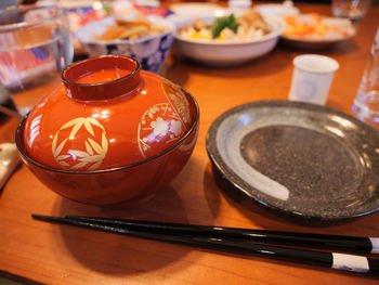 High angle view of various food on table