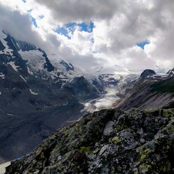 Scenic view of mountains against cloudy sky