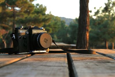 Close-up of camera against trees