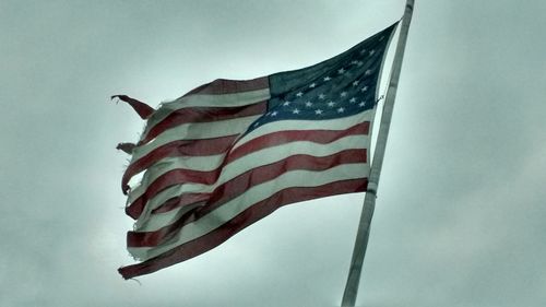 Low angle view of flag against sky