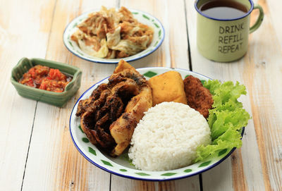 High angle view of food in plate on table