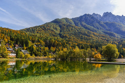 Scenic view of lake and mountains against sky