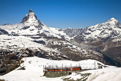 Scenic view of snow covered mountains against clear sky