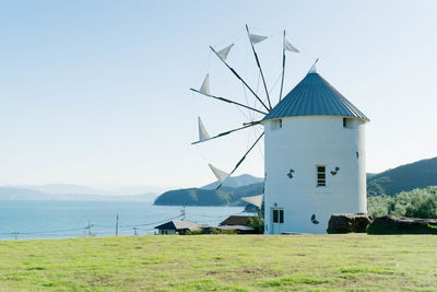 Greek windmill. roadside station olive park on shodoshima, kagawa prefecture, japan. 