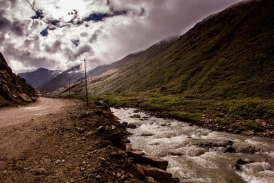 Dirt road by river against mountains against cloudy sky