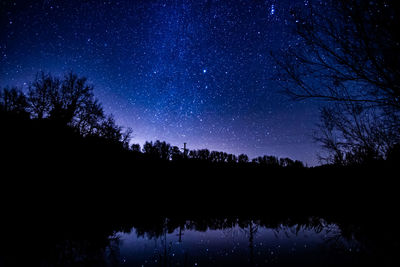 Silhouette trees by lake against sky at night