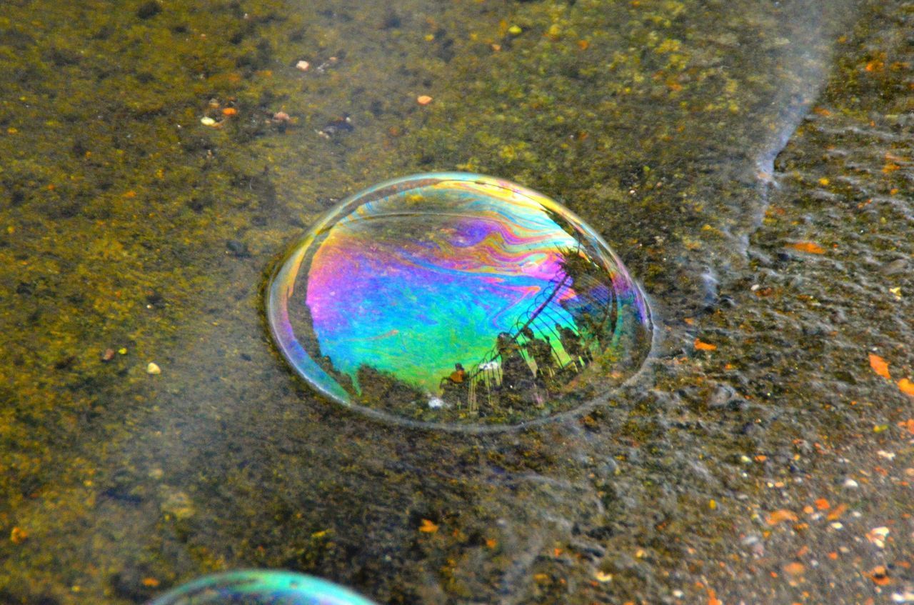 HIGH ANGLE VIEW OF RAINBOW ON WATER