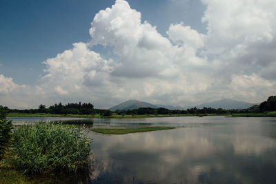 Scenic view of lake against cloudy sky