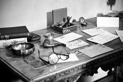 High angle view of books on table