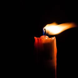 Close-up of burning candle against black background