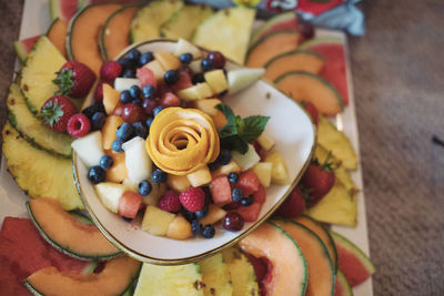 High angle view of breakfast on table