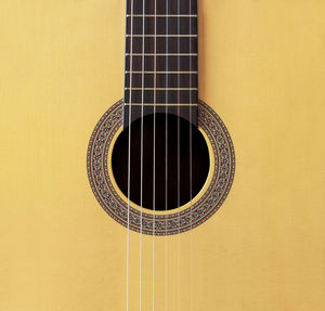 Close-up of guitar against yellow background