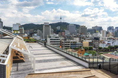 High angle view of buildings in city against sky