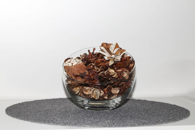 Close-up of glass on table against white background