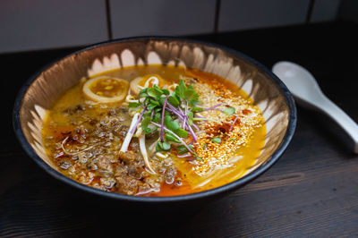 High angle view of soup in bowl on table