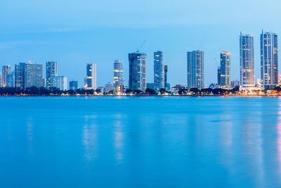 Sea by city against clear blue sky