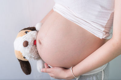 Midsection of pregnant woman with stuffed toy
