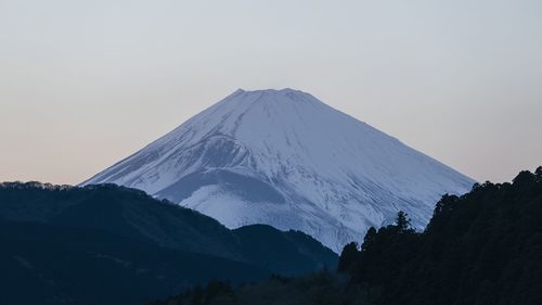 Scenic view of snowcapped mountains against clear sky