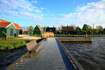 Footpath by buildings against sky