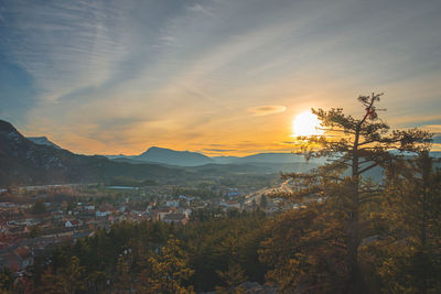 High angle view of townscape against sky during sunset