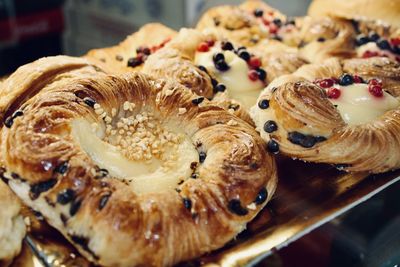 Close-up of dessert crossiants for mornibg breakfast on table