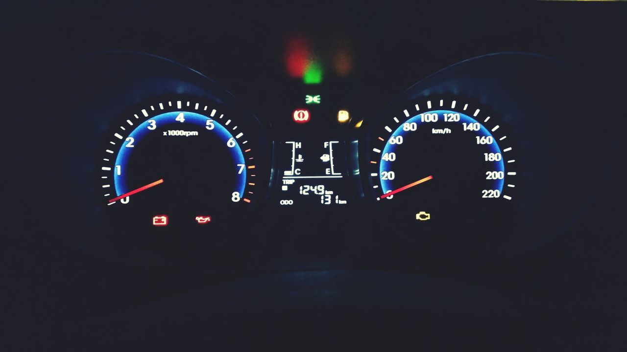 transportation, mode of transport, land vehicle, car, speed, travel, illuminated, on the move, speedometer, road, communication, night, vehicle interior, car interior, close-up, indoors, number, dashboard, no people, traffic