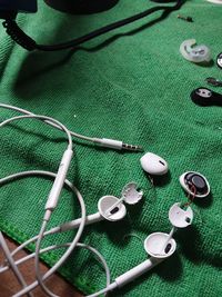 High angle view of various buttons on table