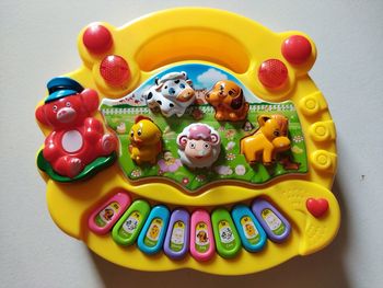 High angle view of toys on table