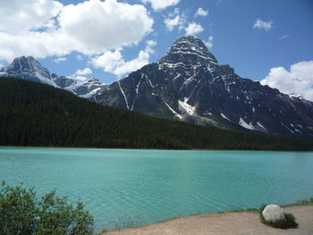 Scenic view of lake and mountains against sky