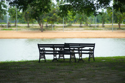 Empty bench in park by lake